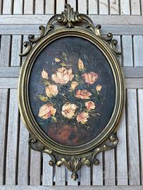 Grande cornice in ottone pieno con dipinto fiori