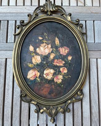 Grande cornice in ottone pieno con dipinto fiori