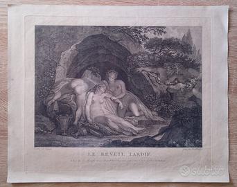 Incisione Antica XVIII Sec. "Le Réveil Tardif"