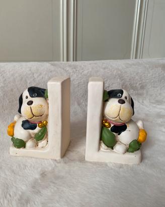 Coppia Fermalibri Vintage Cagnolini in Ceramica