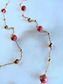 collana lunga in acciaio, corallo bamboo e ematite