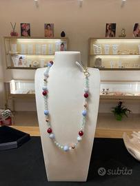 Collana in Agata Celeste, Giada Rubellite ed Emati