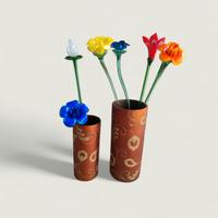 Set 2 Vasi Cilindrici Ramati + Fiori Decorativi