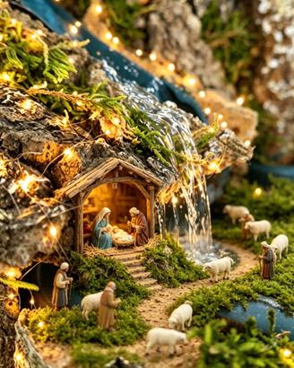 Cascata Presepe Acqua che Scorre, illuminata