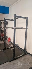 attrezzatura palestra, rack. bilanciere, dischi 