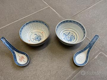 Se coppia ciotola riso e cucchiaio blu e bianco