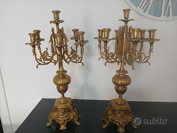 Coppia Antichi Candelabri Bronzo Dorato 6 Luci 57c
