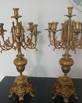Coppia Antichi Candelabri Bronzo Dorato 6 Luci 57c
