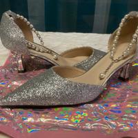 Décolleté eleganti in glitter e perle argento tg41