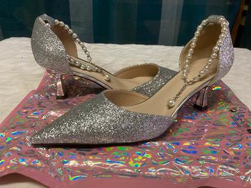 Décolleté eleganti in glitter e perle argento tg41