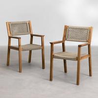 Set 2 Sedie Legno Acacia Corda Esterno Terrazzo
