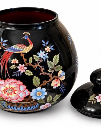 Vaso orientale vintage nero con coperchio e pavone