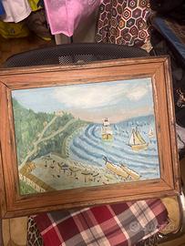 Dipinto Naïf Vintage "Paesaggio Marino e Spiaggia