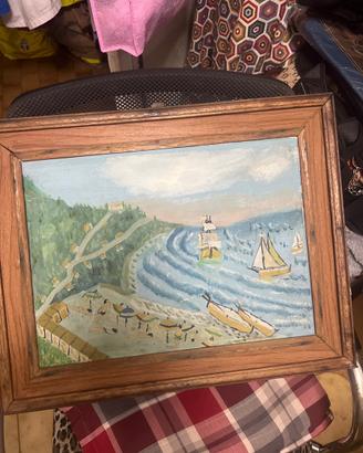 Dipinto Naïf Vintage "Paesaggio Marino e Spiaggia