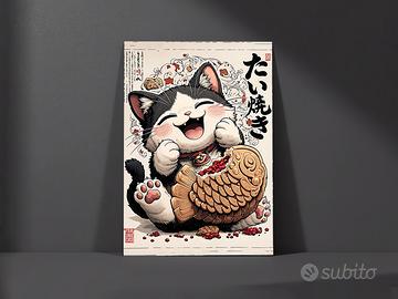 Japanese Joy Cat Kawaii Taiyaki Stampa A4