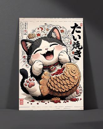 Japanese Joy Cat Kawaii Taiyaki Stampa A4