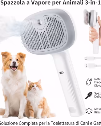 Spazzola Vapore Cani Gatti 3 in 1 Tolettatura