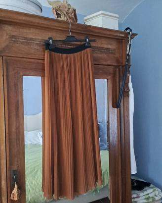 gonna cognac plisse' in seta sintetica