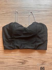 Top Crop Bustier Nero con Spalline a Catena