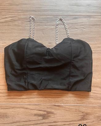 Top Crop Bustier Nero con Spalline a Catena