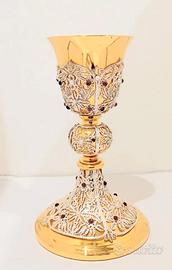 CALICE MESSA IN OTTONE DORATO E FILIGRANA. CM. 23