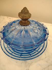 Portagioie in vetro blu con  pomello in argento