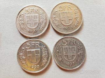 5 franchi 4 monete argento Svizzera  1931 1932 193