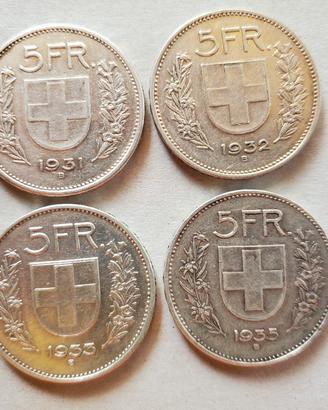 5 franchi 4 monete argento Svizzera  1931 1932 193