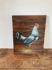 Quadro rustico con gallina su legno vintage