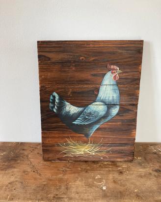 Quadro rustico con gallina su legno vintage