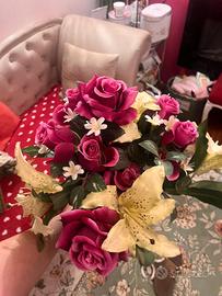 Bouquet di Fiori Finti Grandi, Rose Fucsia e Gigli