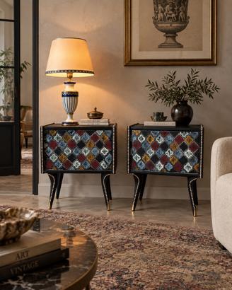 Comodini Vintage Damasco Colorati Borchie Argento