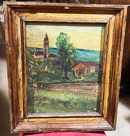 Antico Dipinto a Olio su Tela - Paesaggio Rurale