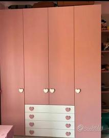 Armadio per cameretta rosa 4 ante con cassettiera