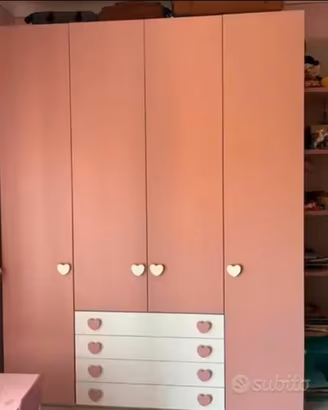 Armadio per cameretta rosa 4 ante con cassettiera