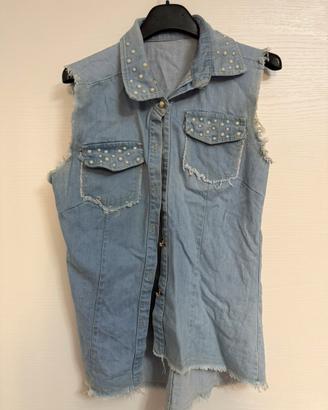Giacca jeans senza maniche con perle