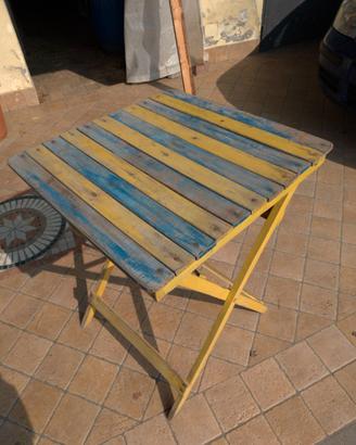 Tavolo Vintage Pic Nic Pieghevole Giallo Blu Legno