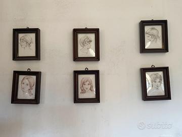 Lotto 6 disegni originali ritratti femminili