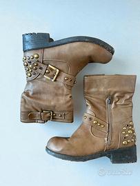 Stivali Biker/Motociclista Marroni Borchie e Fibbi