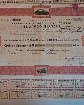 TITOLO AZIONARIO EDOARDO BIANCHI FEBBRAIO 1956