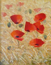 Quadro olio  tela Paesaggio Fiori Papaveri  24x30