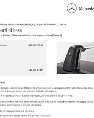 Barre portatutto ORIGINALI Mercedes per Classe A