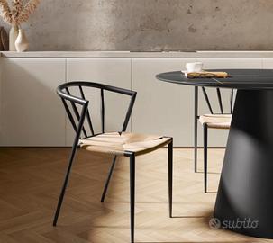 6 Sedie  in metallo nero con seduta in corda