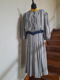 Abito vintage seta pied de poule bianco blu giallo