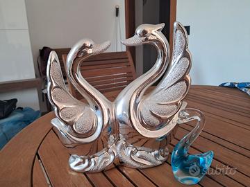 Scultura Cigno argentato + Cigno in Vetro Blu