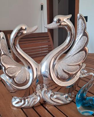 Scultura Cigno argentato + Cigno in Vetro Blu