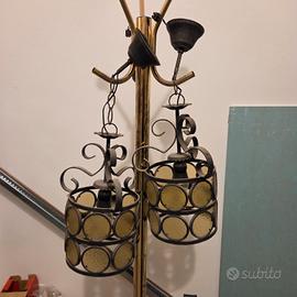 Coppia Lampadari Vintage in Ferro Battuto e Vetro