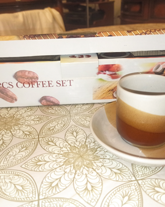 Set caffè 12 pezzi 6 tazzine+piatti marrone bianco