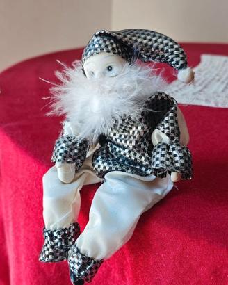 Bambola Pierrot Porcellana Vintage Vestito Scacchi