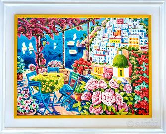 Le seggiole azzurre nella luce di Positano 60x80